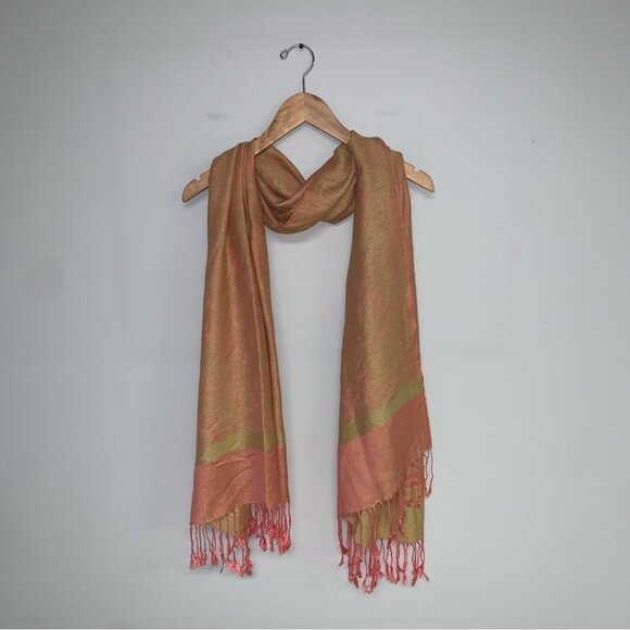 Pashmina Silk Scarf Coral Orange Gold Yellow Fringe Long‎ Lightweight - Picture 2 of 9